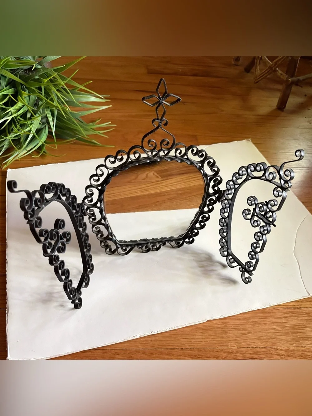 Ornate 1960’s Wrought-Iron Tri-Fold Mirror with Filigree Scrollwork
